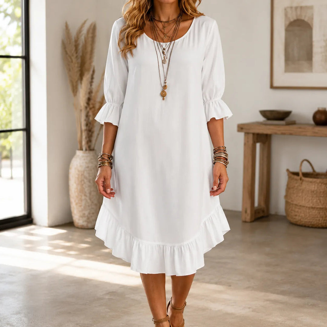 Florenza – Ruffle Hem Midi Dress with Bell Sleeves