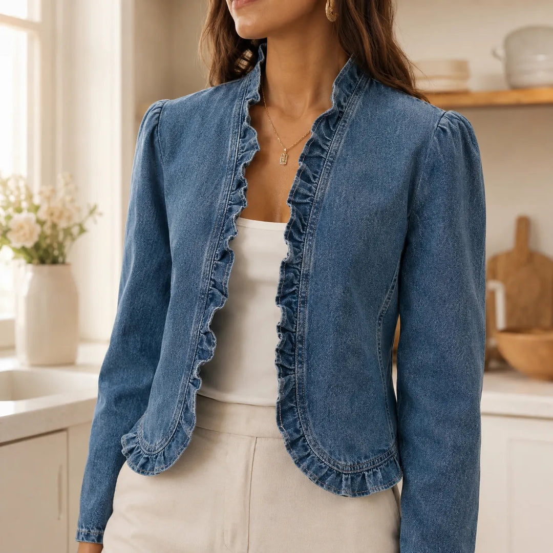 Florelle – Open Front Ruffle Trim Denim-look Jacket for Women Florelle – Open Front Ruffle Trim Denim-look Jacket for Women