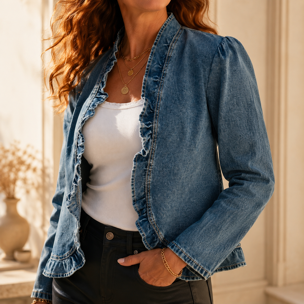 Maelyn – Ruffle-trim open-front denim jacket – Lark & Clover