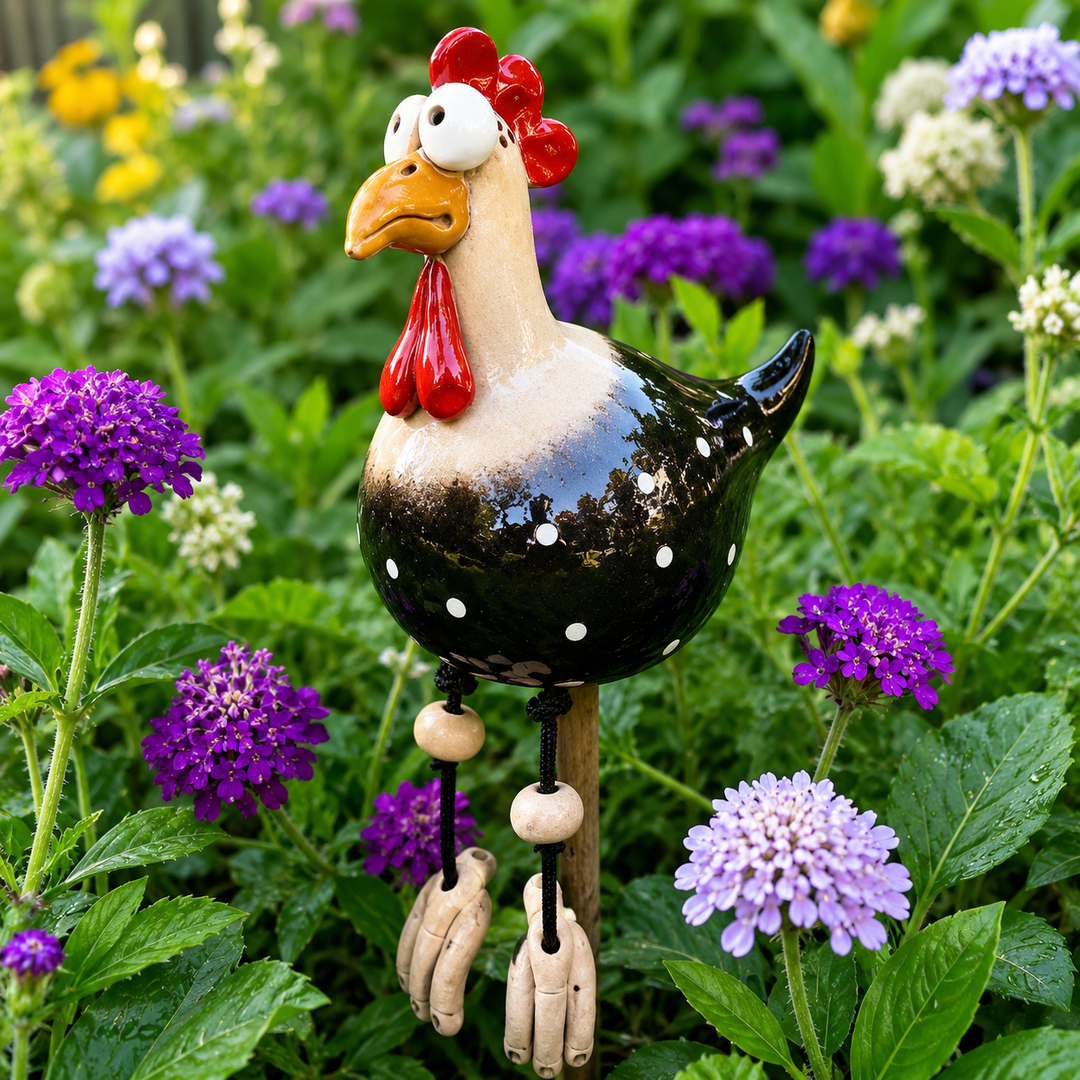 Henrietta™ – Hand-Glazed Ceramic Garden Hen with Dangling Legs