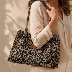 Florella – Woven Leopard Print Tote Bag with Leather Trim and Gold Chain