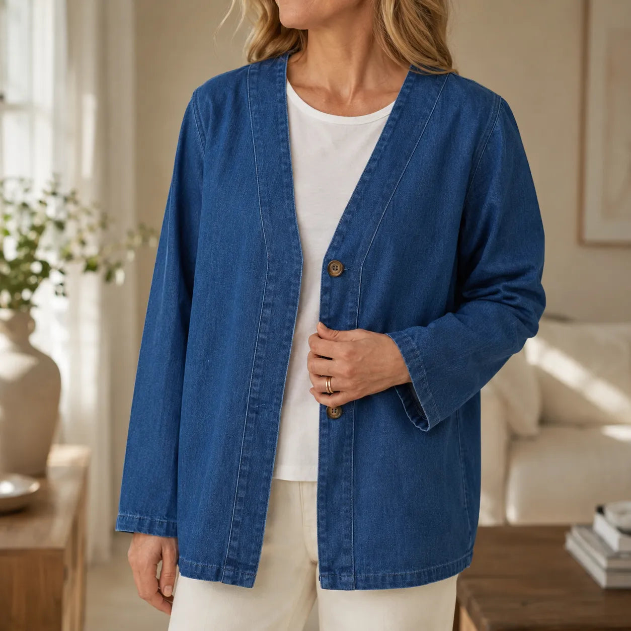 Verelle – Women's V-Neck Collarless Denim-like Jacket, Soft Button
