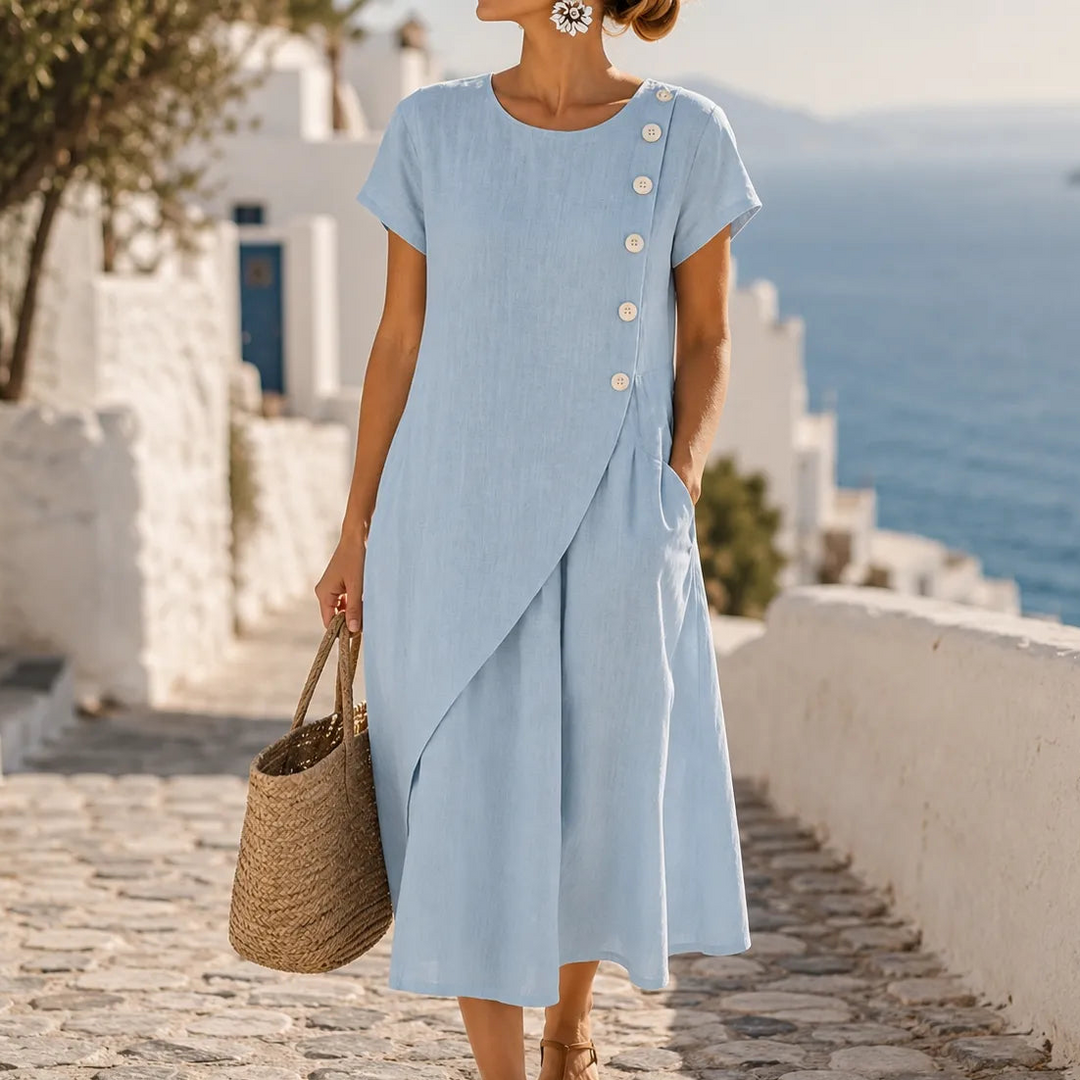 Sumlor – Asymmetric Button Midi Dress with Pockets for Summer