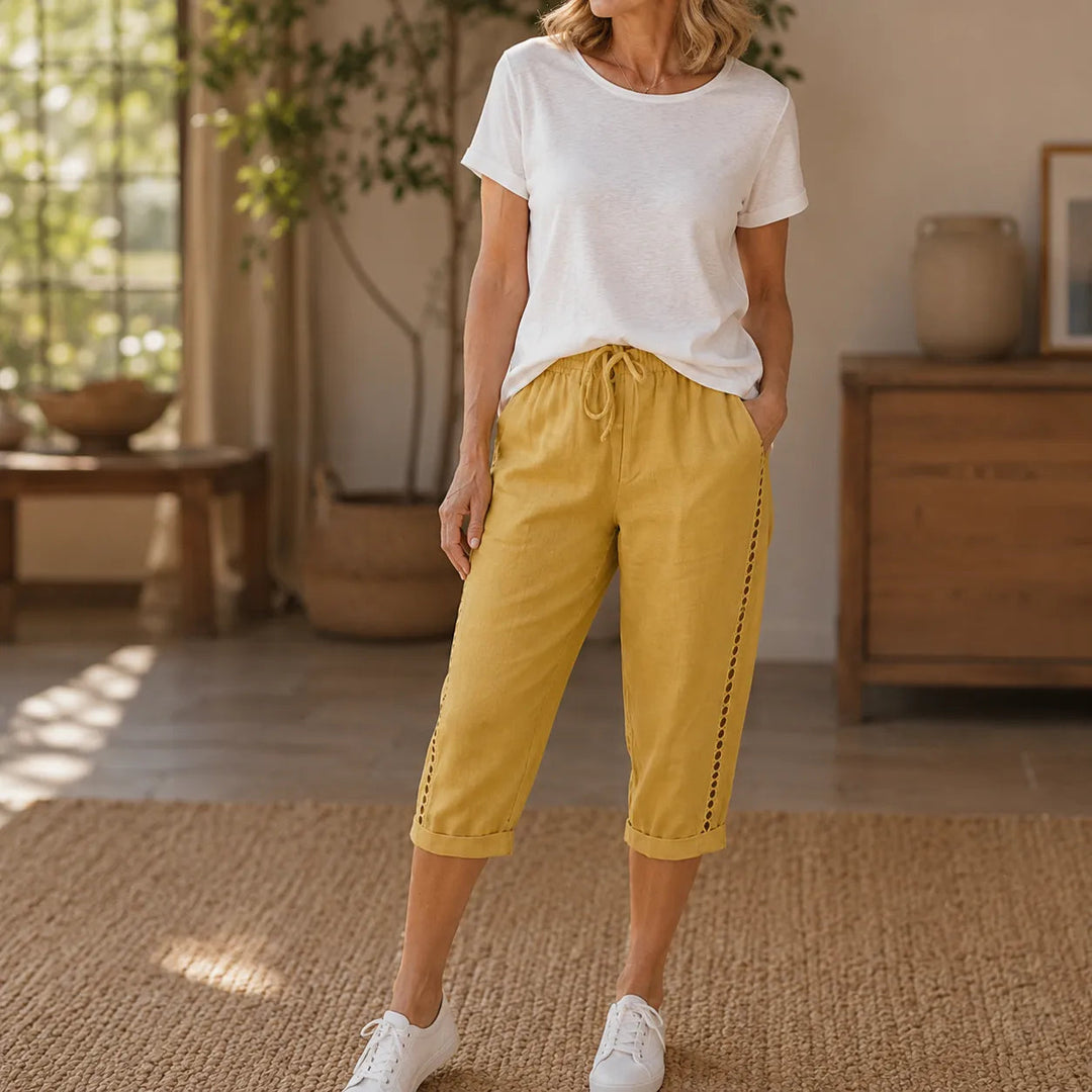 Loravie – Eyelet Trim Cotton-Linen-like Capri Pants with Loravie – Eyelet Trim Cotton-Linen-like Capri Pants with