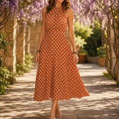 Soliana – Pleated Polka Dot Halter Midi Dress for Women