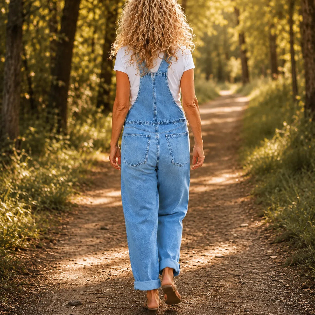 Lora – Vintage Denim Overalls with Button Front and Patch Pockets