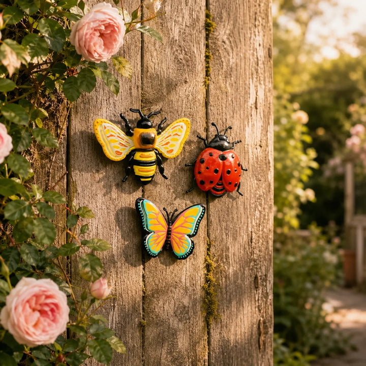 Bloomly – 3D Metal Bee Butterfly and Ladybug Garden Wall Decor Set, Hand