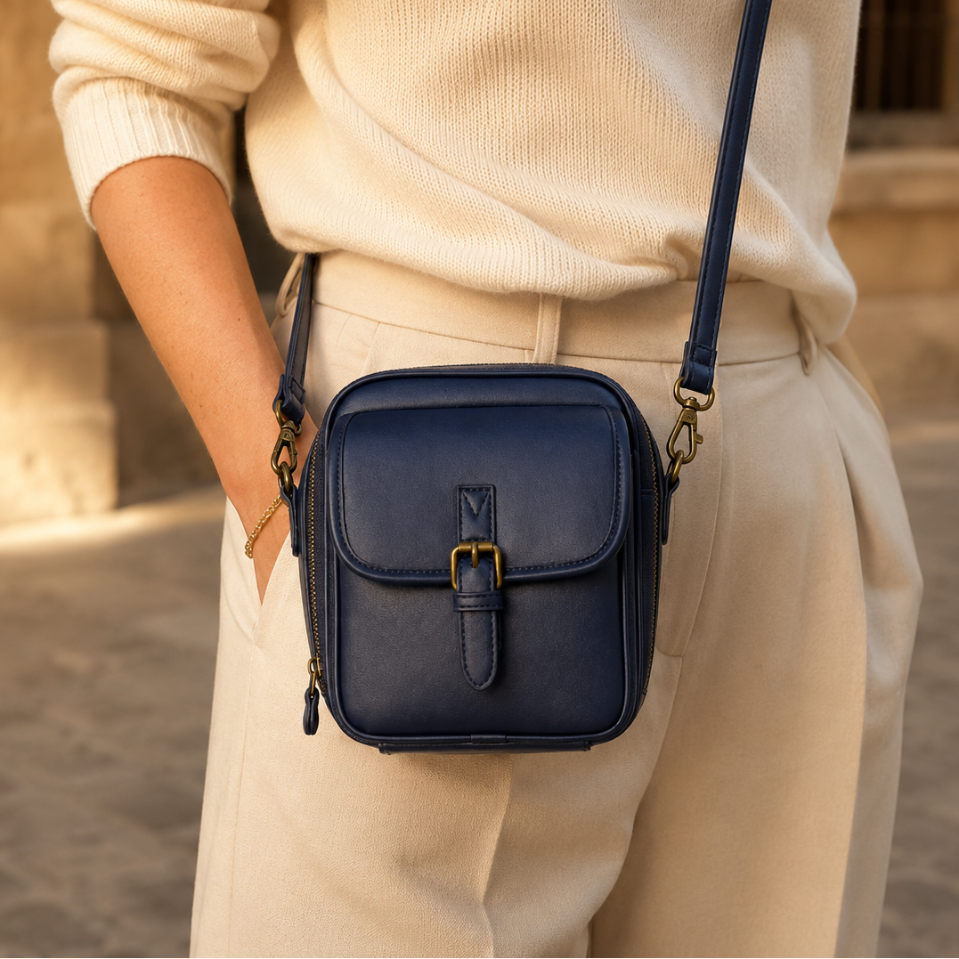 Solene – Structured vegan leather crossbody bag with built-in wallet and glasses compartment