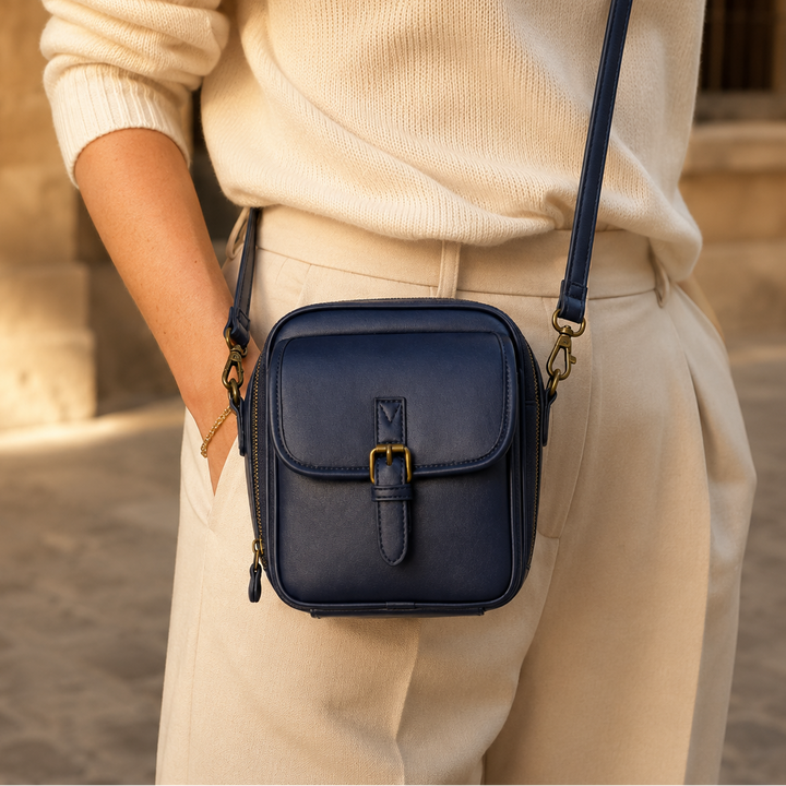 Solene – Structured vegan leather crossbody bag with built-in wallet and glasses compartment