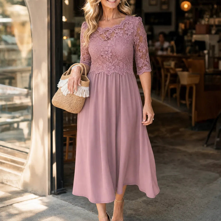 Florenza – Floral Lace-look Bodice Midi Dress with Flowy Skirt – Lark & Clover