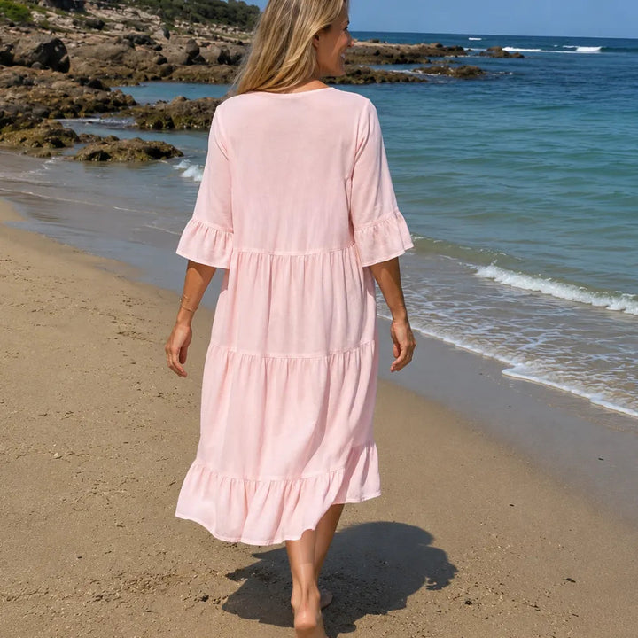 Soleia – Flowy Tiered V-Neck Midi Dress with Tassel Tie, Soft Feel, Half Sleeve