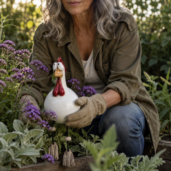 Henrietta™ – Hand-Glazed Ceramic Garden Hen with Dangling Legs