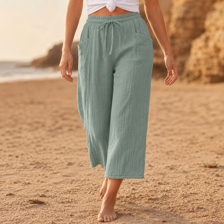 Linelle™ – Women's Crinkle Wide-Leg Cropped Pants with Pockets