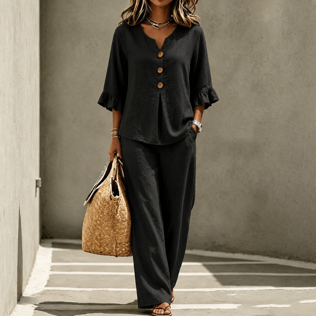 Lunavia – Linen-Look 2-Piece Set, Ruffle-Cuff Top & Wide-Leg Trousers, Women's Coordinated Outfit