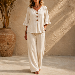 Lunavia – Linen-Look 2-Piece Set, Ruffle-Cuff Top & Wide-Leg Trousers, Women's Coordinated Outfit