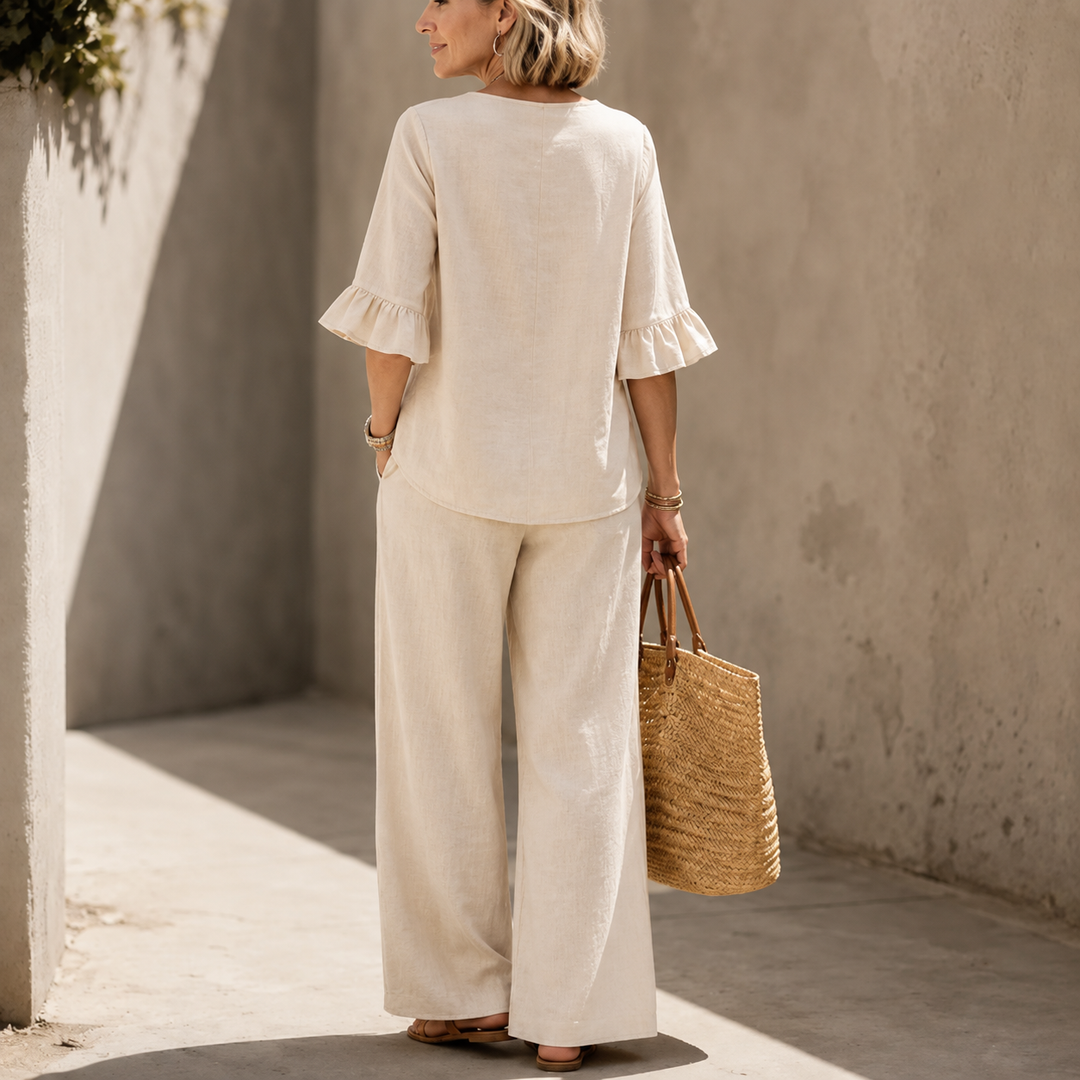 Lunavia – Linen-Look 2-Piece Set, Ruffle-Cuff Top & Wide-Leg Trousers, Women's Coordinated Outfit
