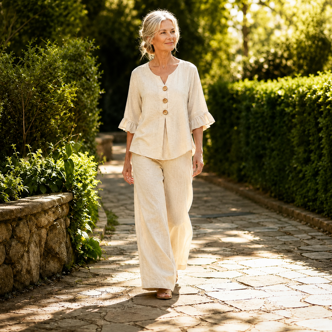 Lunavia – Linen-Look 2-Piece Set, Ruffle-Cuff Top & Wide-Leg Trousers, Women's Coordinated Outfit