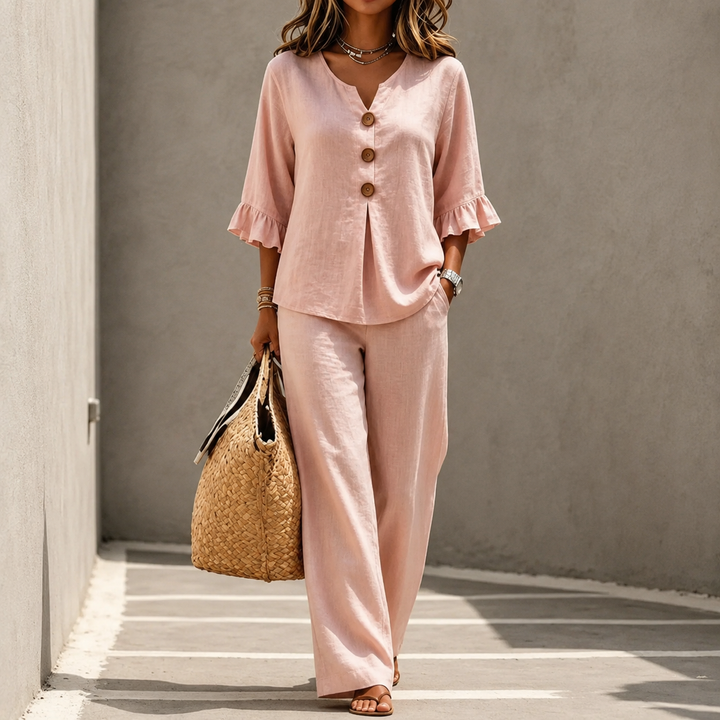 Lunavia – Linen-Look 2-Piece Set, Ruffle-Cuff Top & Wide-Leg Trousers, Women's Coordinated Outfit