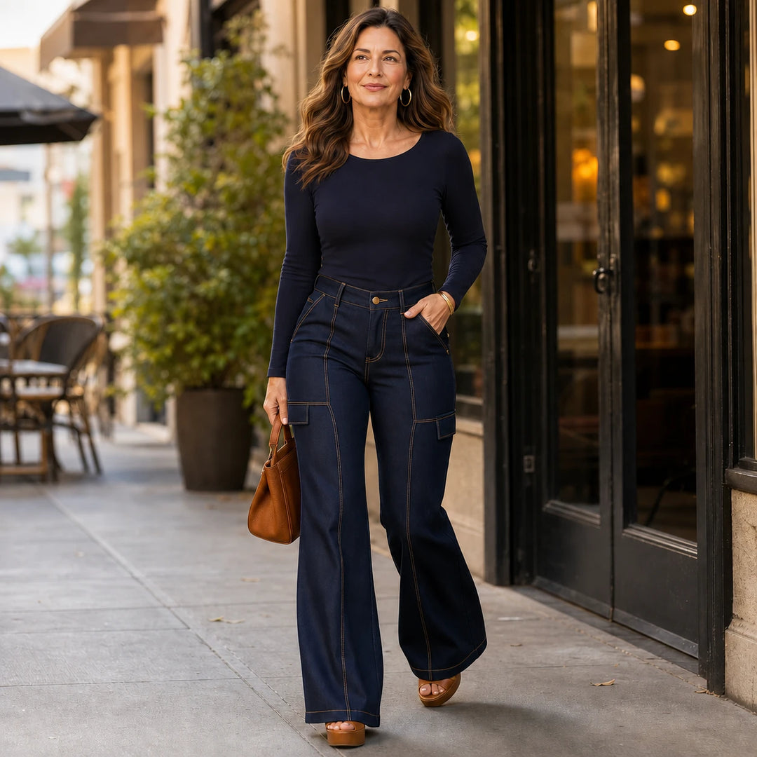 Stitchline – Contrast-Stitch High-Waisted Wide-Leg Jeans