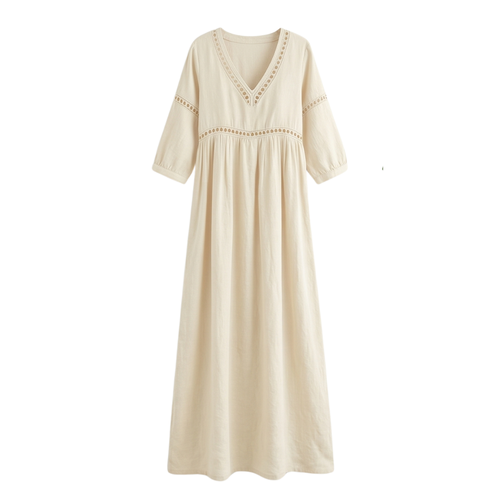 Solmera™ – Crochet Trim Cotton Midi Dress