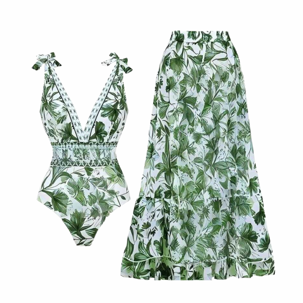 Solveya™ – Floral One-Piece Swimsuit with Matching Cover-Up Skirt