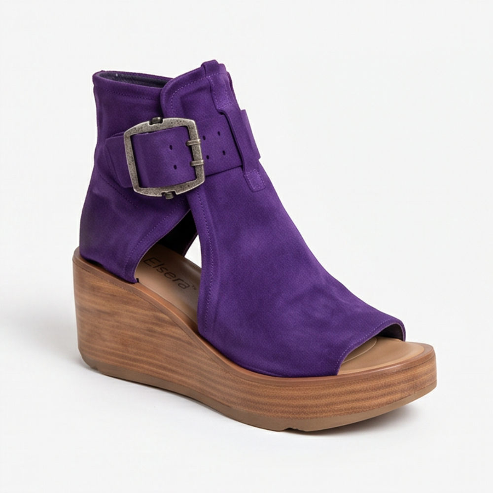 Elsera™ – Peep-Toe Platform Wedges with Buckle Detail