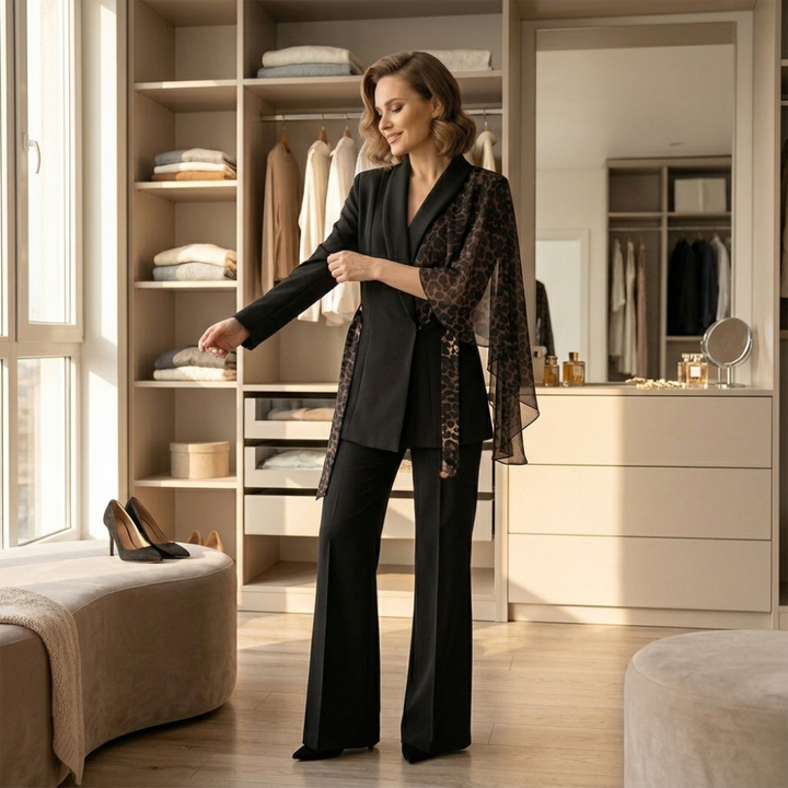 Selvana™ – Leopard Accent Blazer and Pants Set