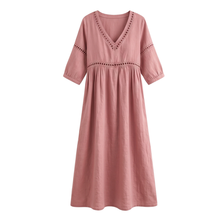 Solmera™ – Crochet Trim Cotton Midi Dress