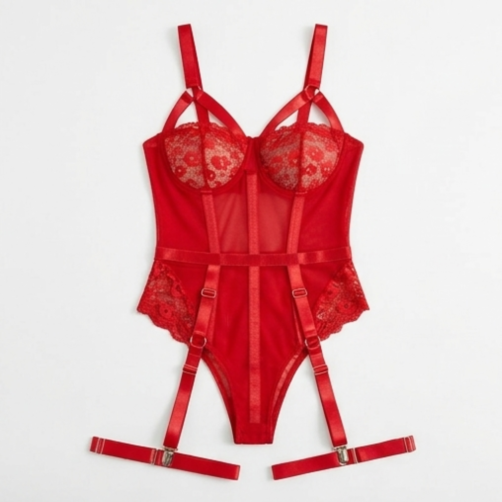 Noxelle™ – Skull Lace Corset Bodysuit with Garter Straps