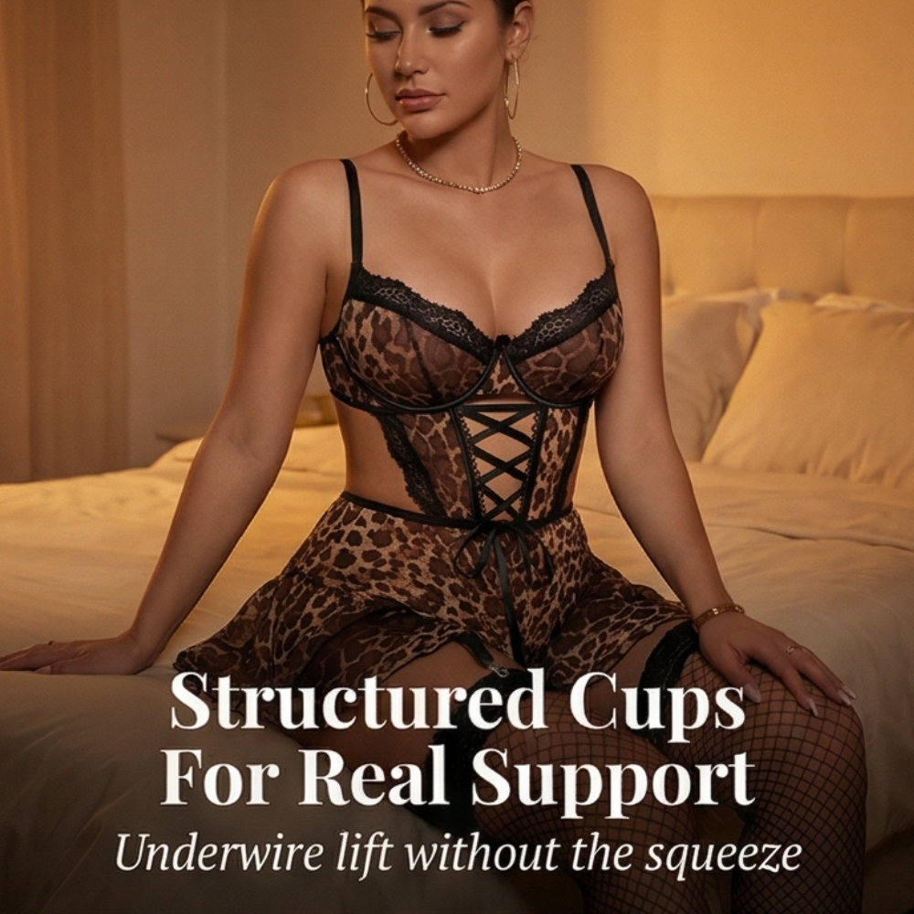Nocturra™ – Lace Corset Nightgown Set with Fishnet Stockings