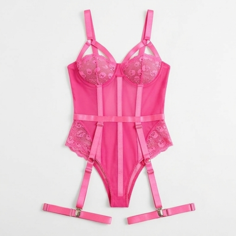 Noxelle™ – Skull Lace Corset Bodysuit with Garter Straps