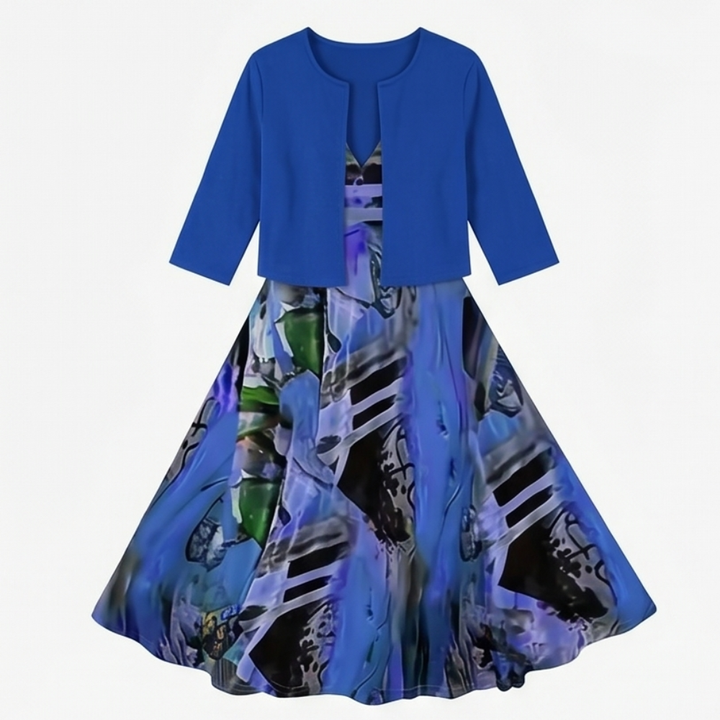 Phaeline™ - Printed Midi Dress with Attached Cardigan