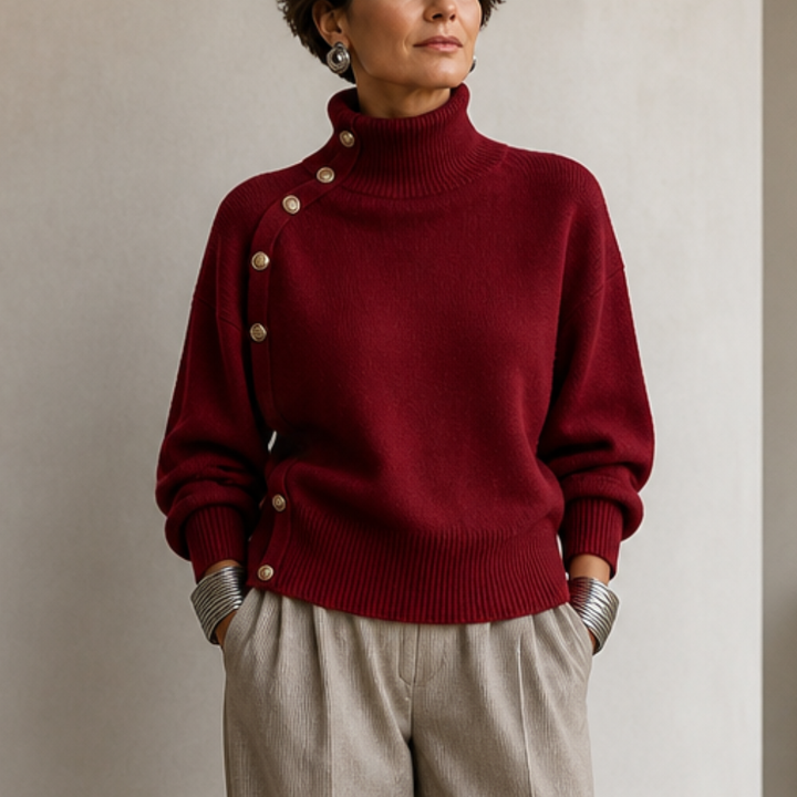 Asymvia – Asymmetric Gold-Tone Button Mock Neck Sweater