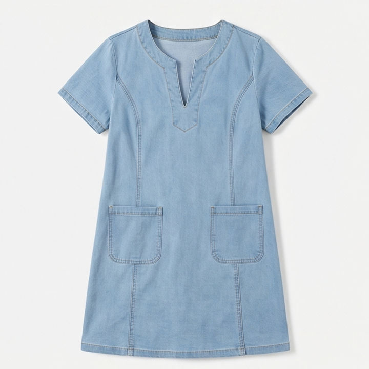 Aurelene™ – V-Neck Denim Dress with Pockets