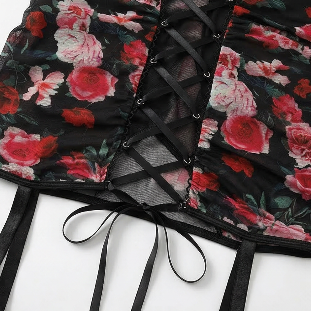 Rosaveil™ – Floral Mesh Lace Up Nightdress