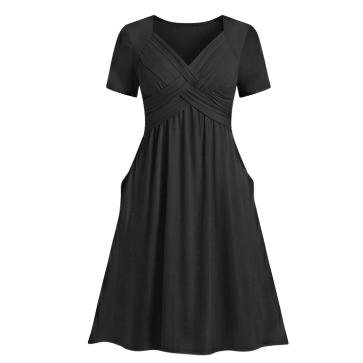 Veluna™ - Crossover V-Neck Midi Dress with Pockets