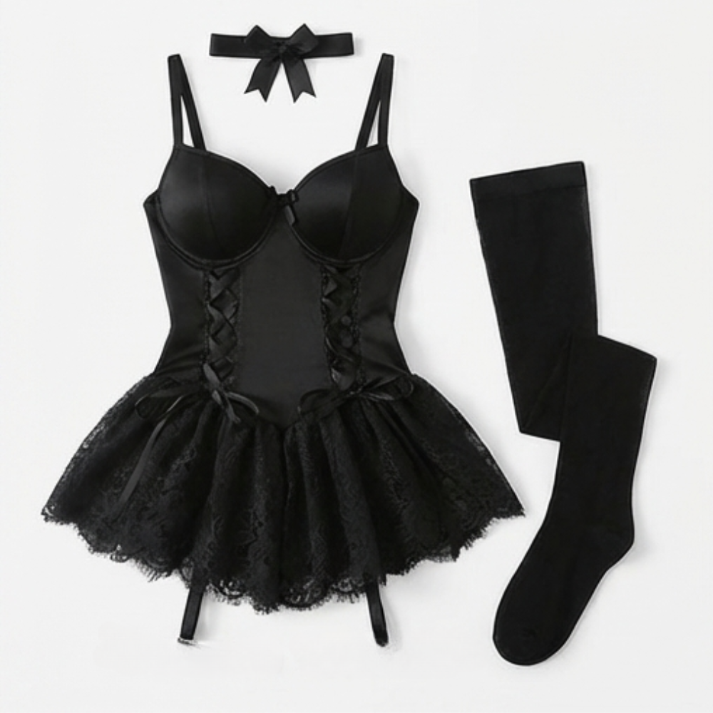 Rosalure™ – Floral Lace Babydoll Set with Garter Stockings