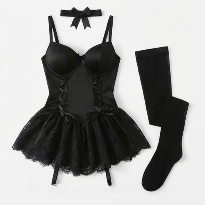 Rosalure™ – Floral Lace Babydoll Set with Garter Stockings