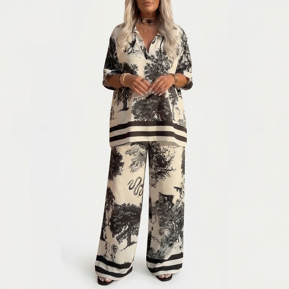 Vivara – Printed V-Neck Top and Wide Leg Pants Set
