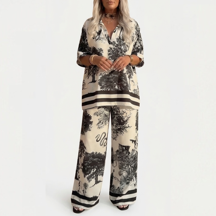 Vivara – Printed V-Neck Top and Wide Leg Pants Set