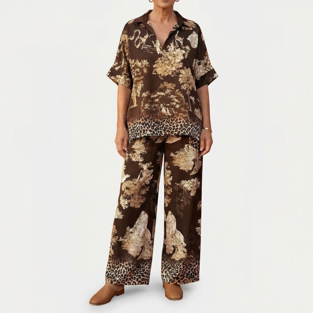 Vivara – Printed V-Neck Top and Wide Leg Pants Set