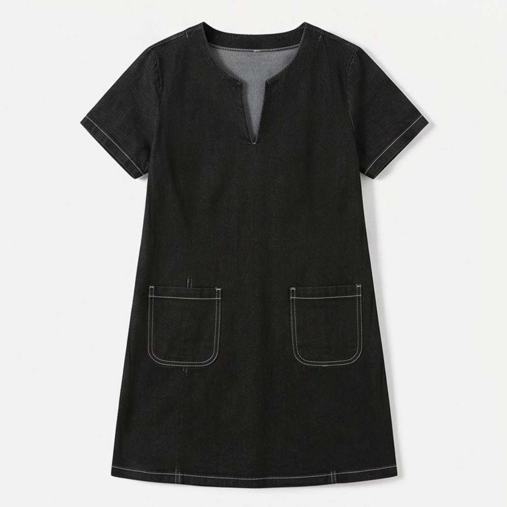 Aurelene™ – V-Neck Denim Dress with Pockets