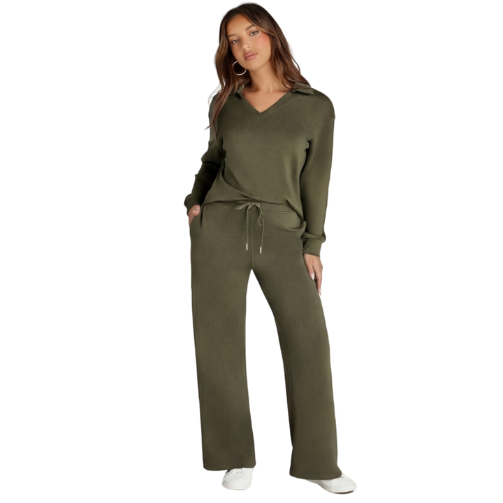 Velaire™ – V Neck Blouse and Wide Leg Pants Set
