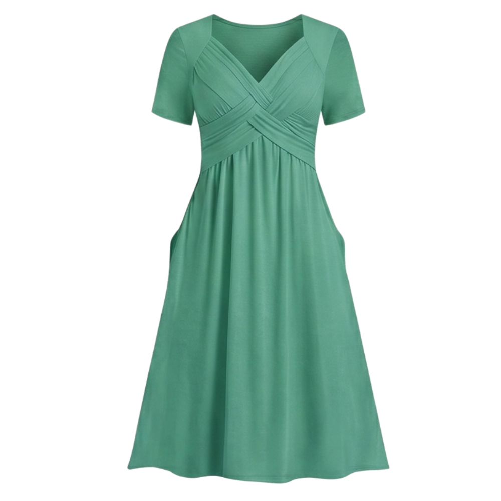 Veluna™ - Crossover V-Neck Midi Dress with Pockets