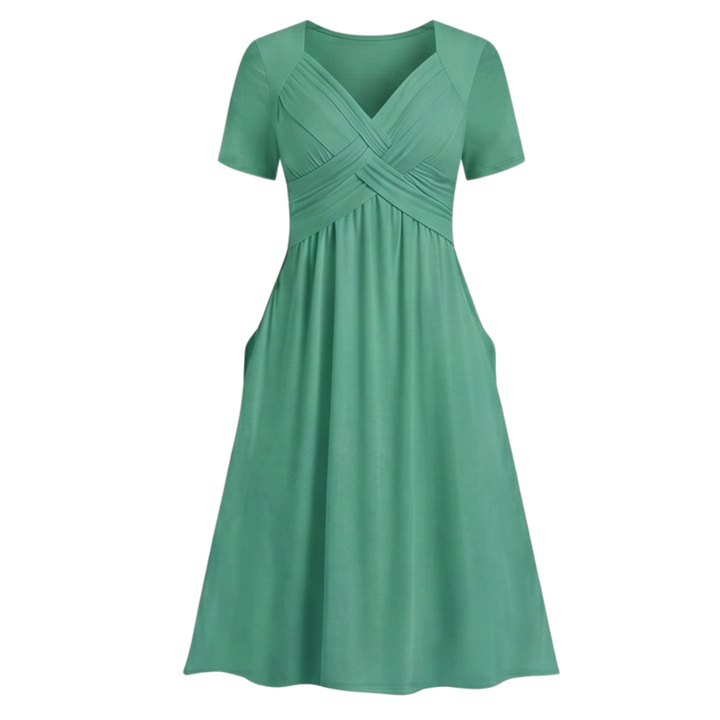 Veluna™ - Crossover V-Neck Midi Dress with Pockets