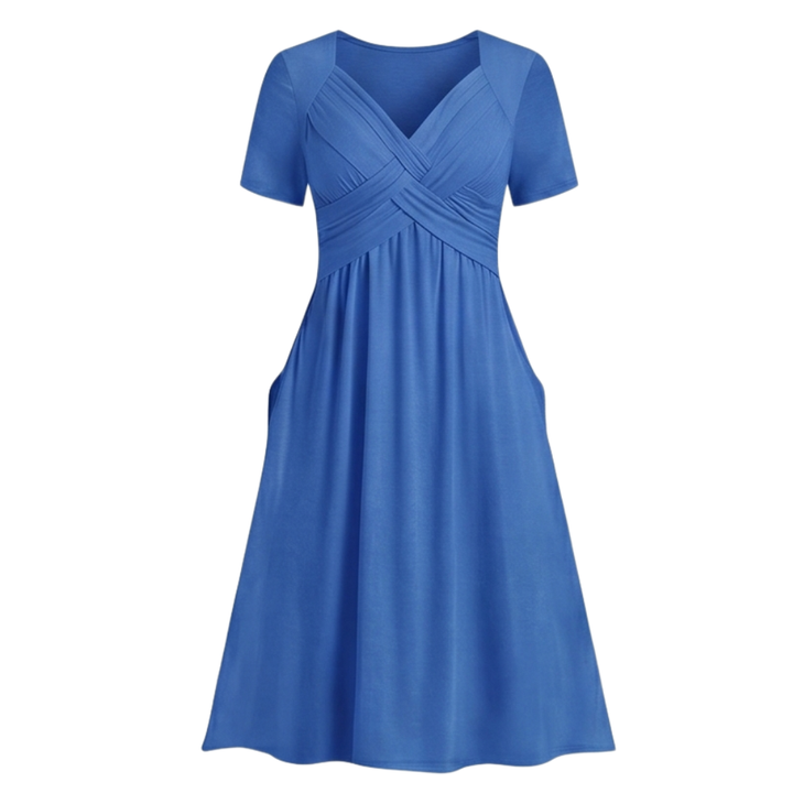Veluna™ - Crossover V-Neck Midi Dress with Pockets