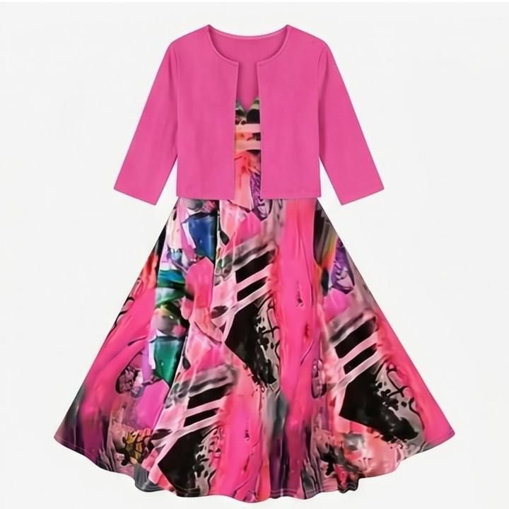 Phaeline™ - Printed Midi Dress with Attached Cardigan