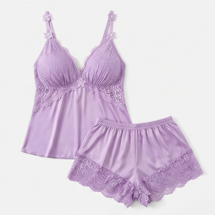 Lunessa™ — Lace Trim Satin Pajama Set