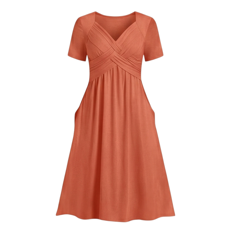 Veluna™ - Crossover V-Neck Midi Dress with Pockets