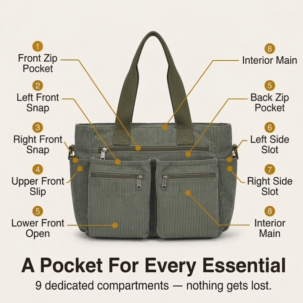 Clovera™ – Multi Pocket Corduroy Shoulder Bag